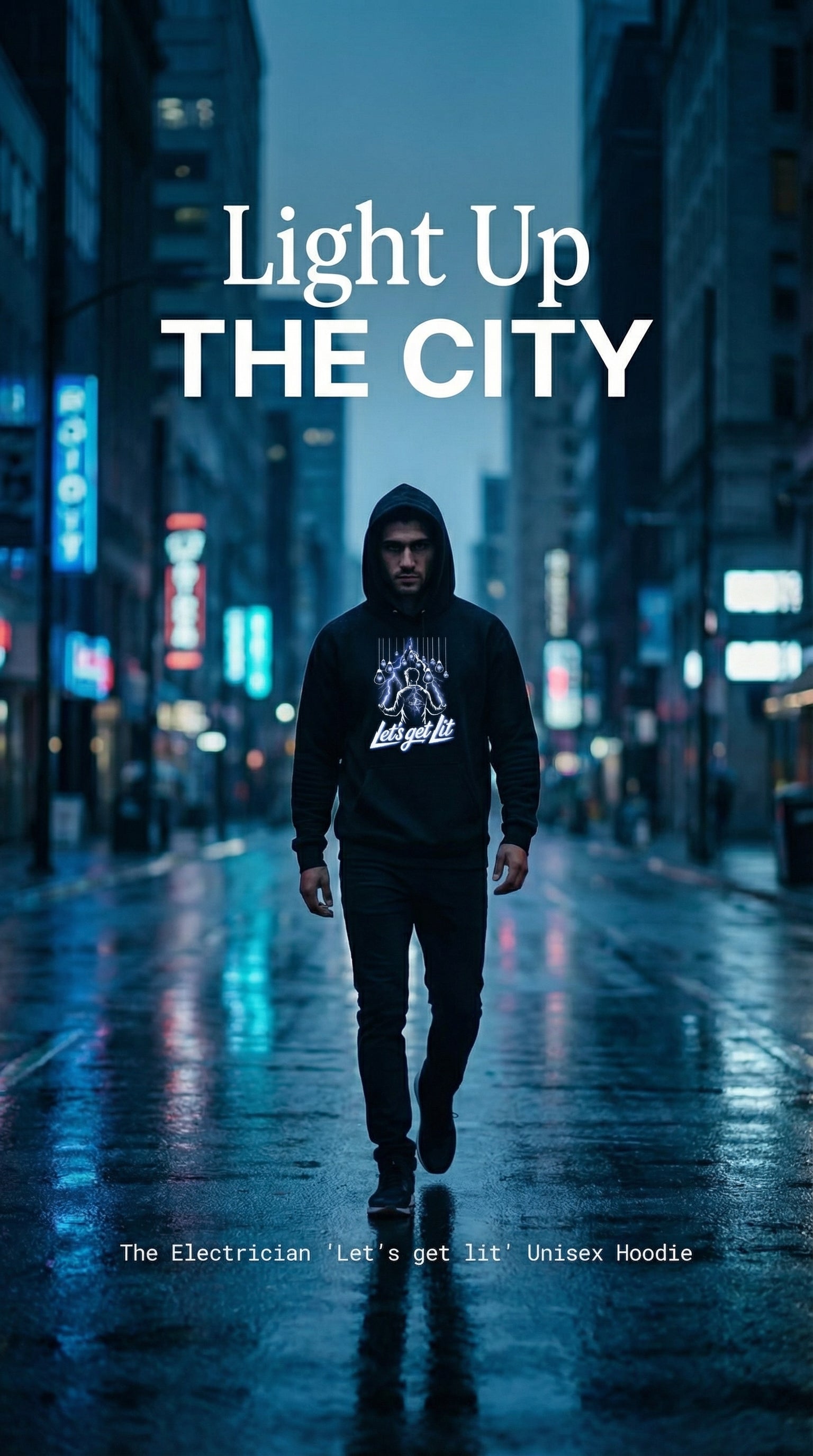 Person walking on a city street with text 'Light Up THE CITY' and product details.