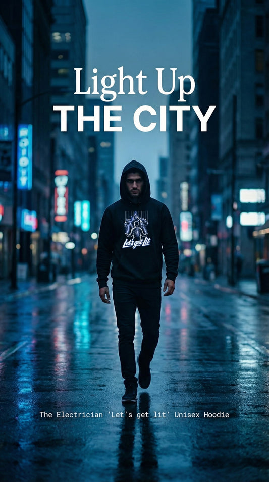 Person walking on a city street with text 'Light Up THE CITY' and product details.