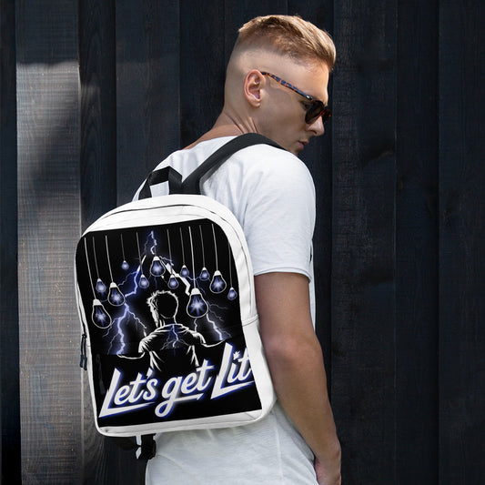 Person wearing a white backpack with a black design and text 'Let's get Lit'.