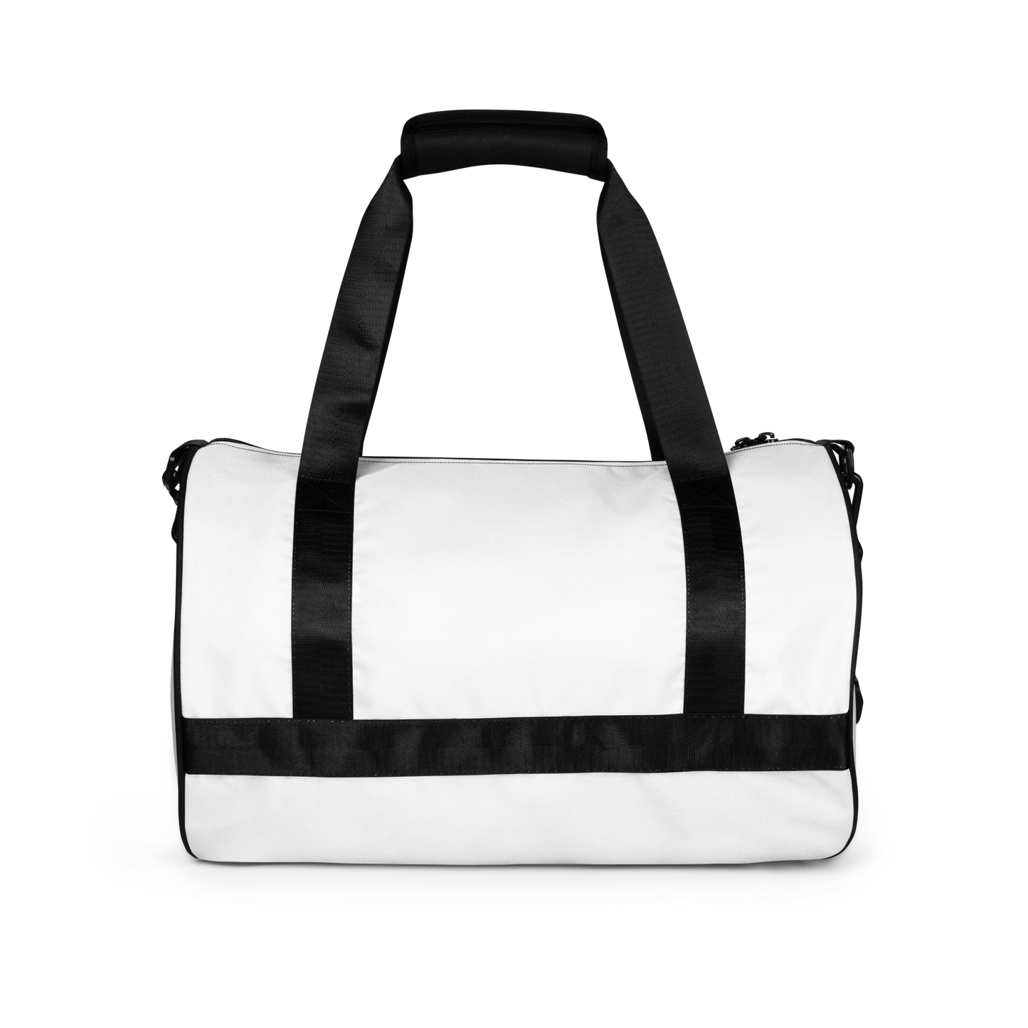 White duffel bag with black straps on a white background