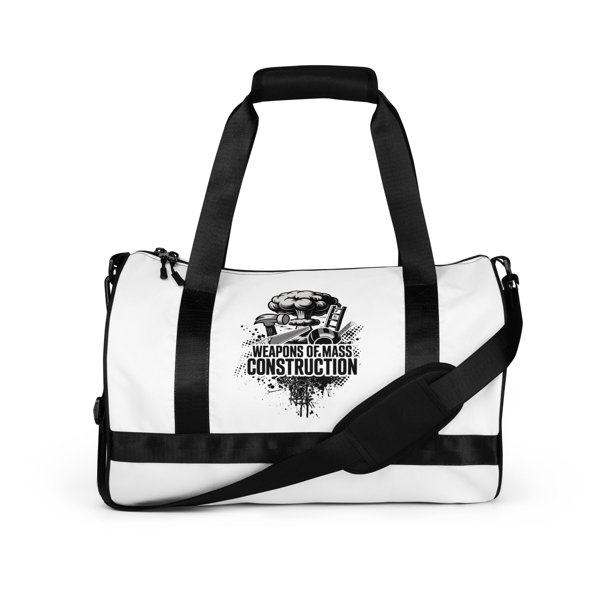 Bluecollaz general contractor White duffel bag with black straps featuring a graphic design and text on a white background