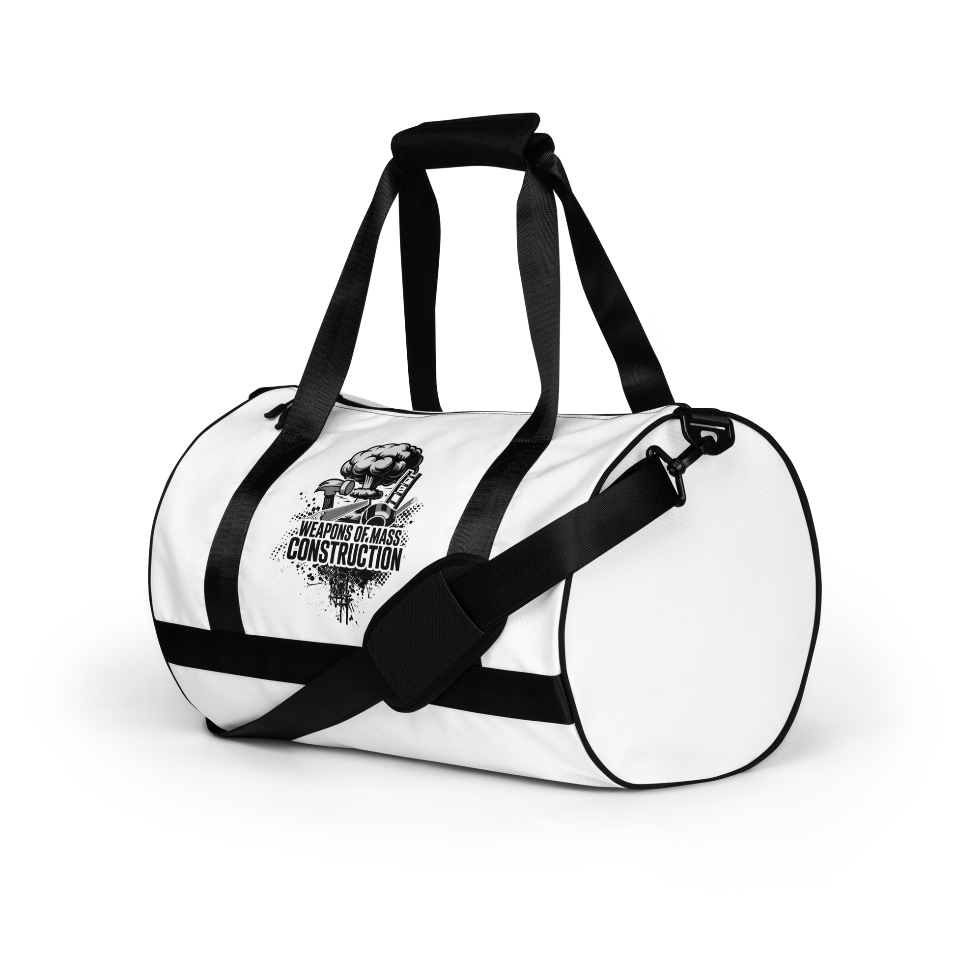 White duffel bag with black straps and graphic design on a white background