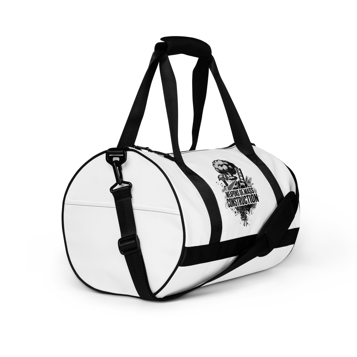 White duffel bag with black straps on a white background