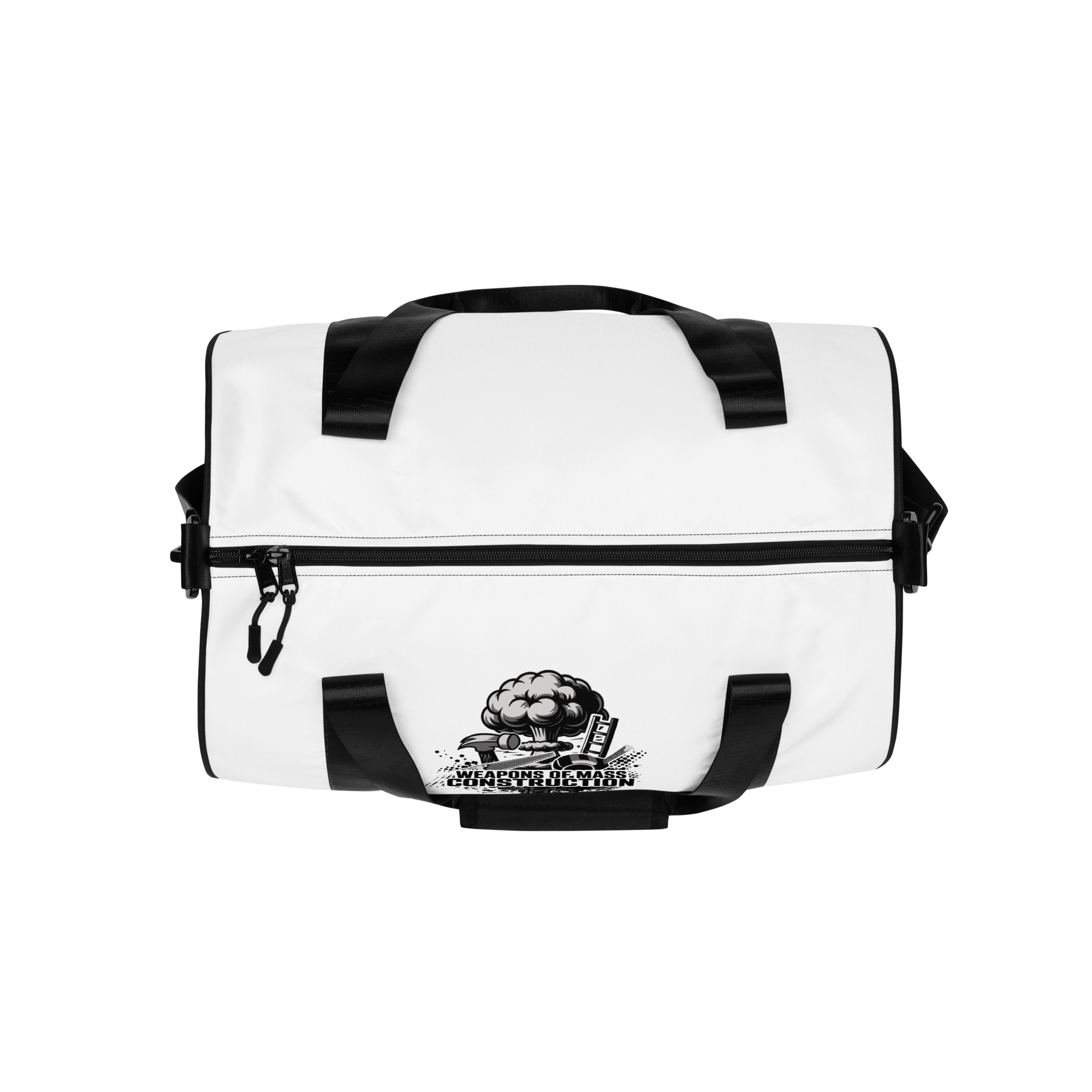 White duffel bag with black accents and a logo on a white background