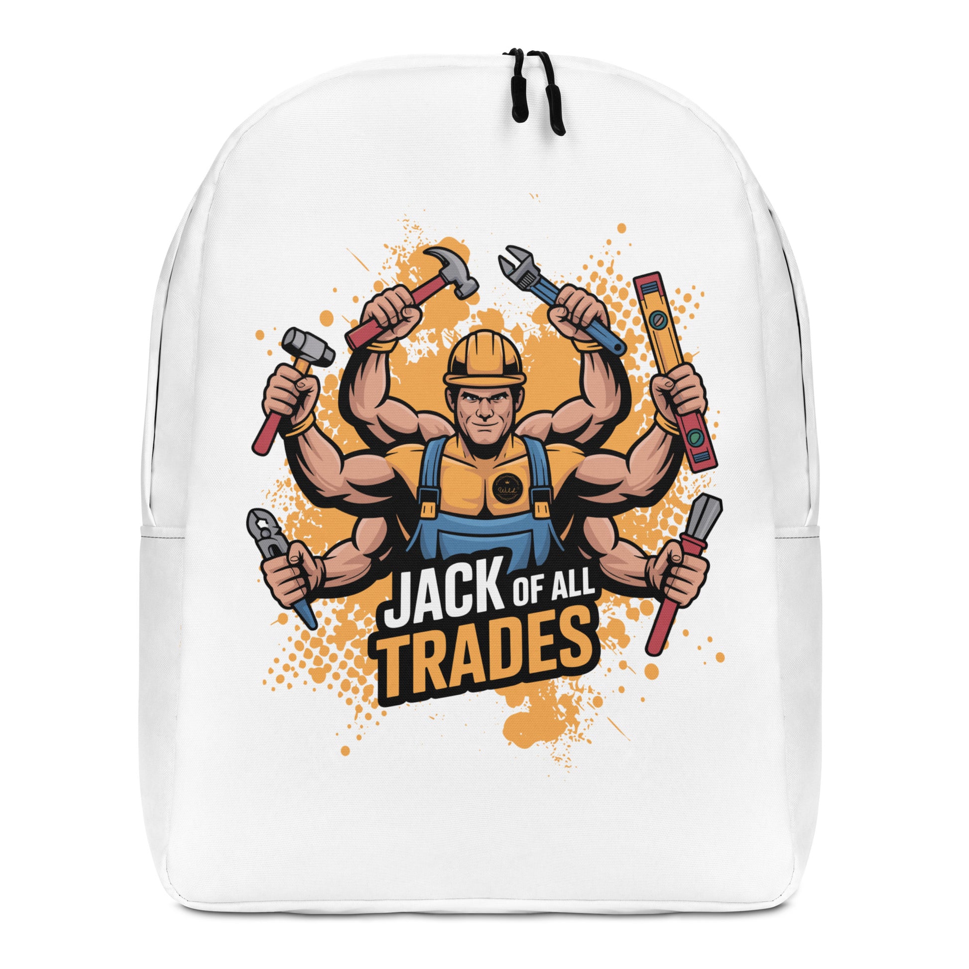Bluecollaz White backpack with 'Jack of All Trades' graphic design featuring a muscular figure holding tools on a white background.