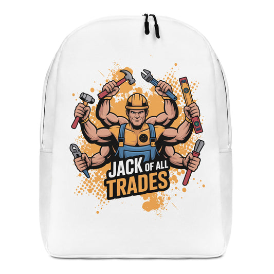 Bluecollaz White backpack with 'Jack of All Trades' graphic design featuring a muscular figure holding tools on a white background.