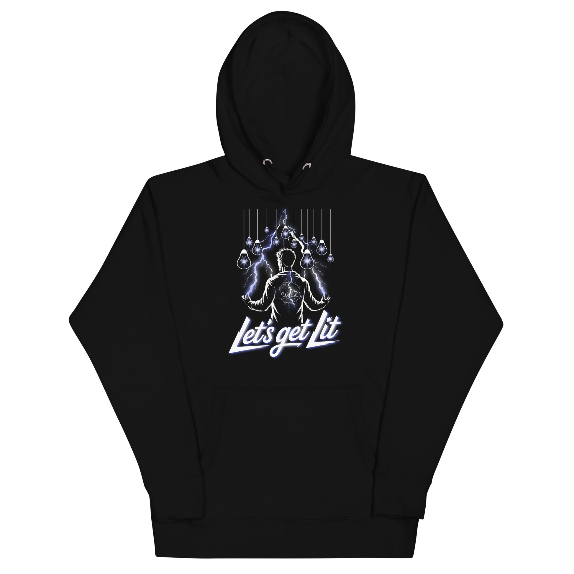 Bluecollaz Black hoodie with 'Let's get Lit' graphic design on a white background