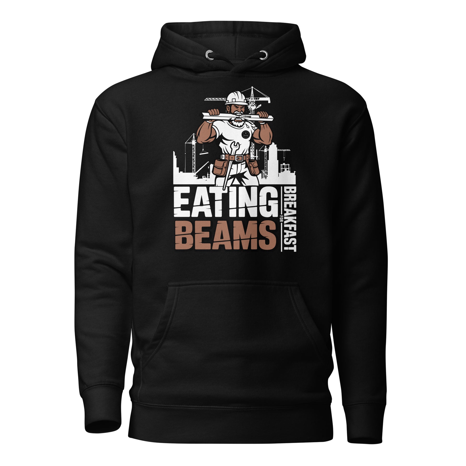 Bluecollaz Black hoodie with graphic design of iron worker and text on a white background