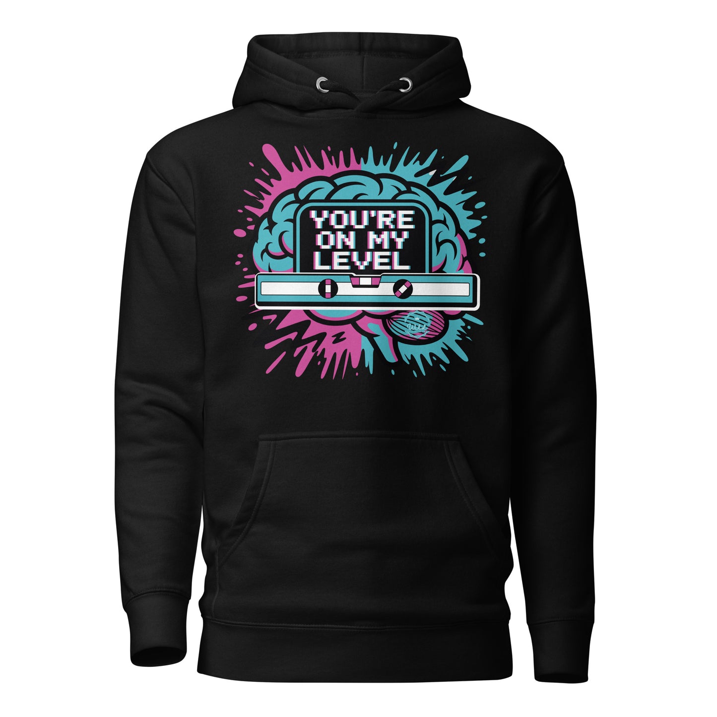 Bluecollaz Black hoodie with colorful graphic design and text 'You're on my level' on a white background