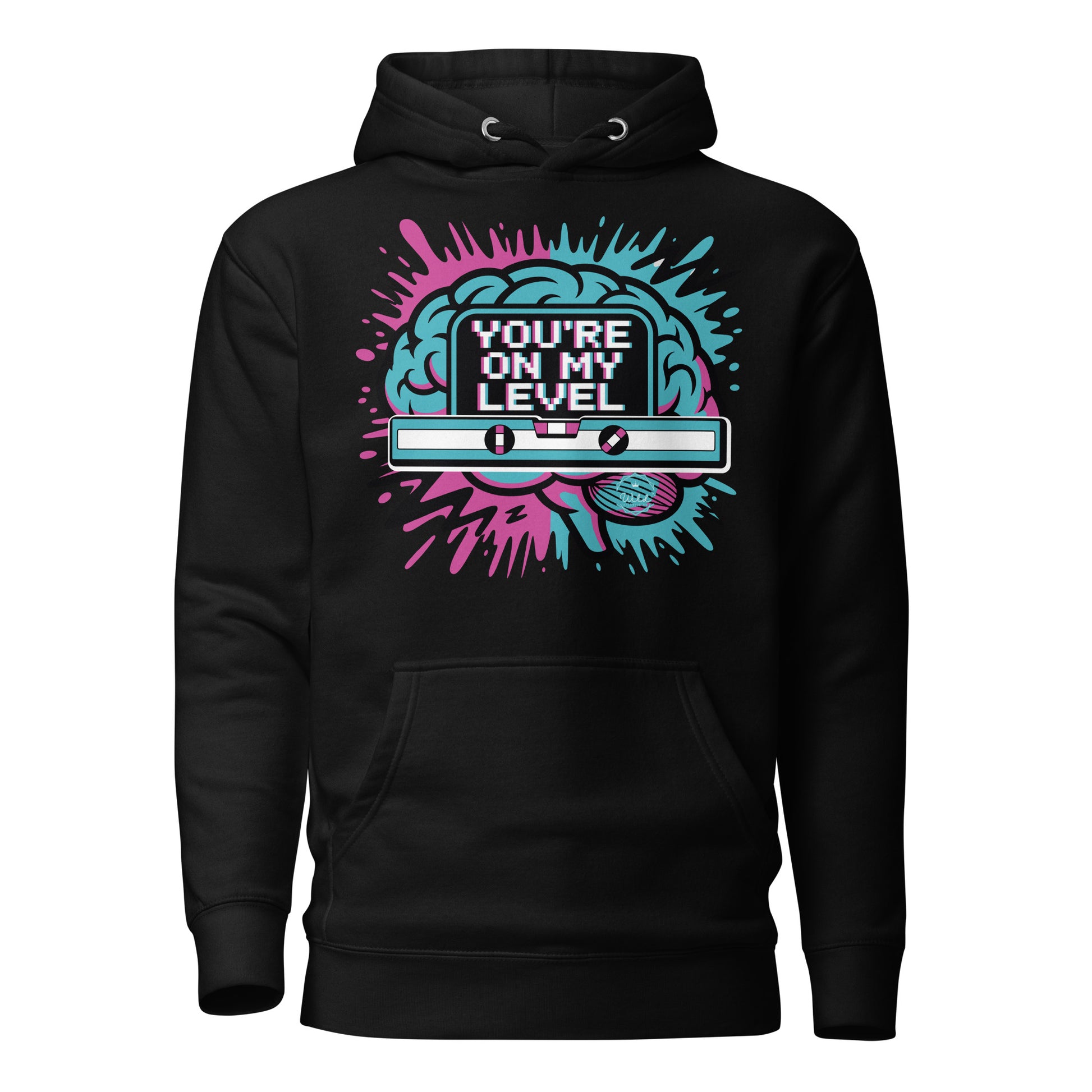 Bluecollaz Black hoodie with colorful graphic design and text 'You're on my level' on a white background