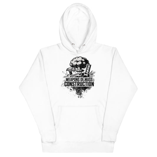 Bluecollaz unisex hoodie – “Weapons of Mass Construction” construction graphic – white