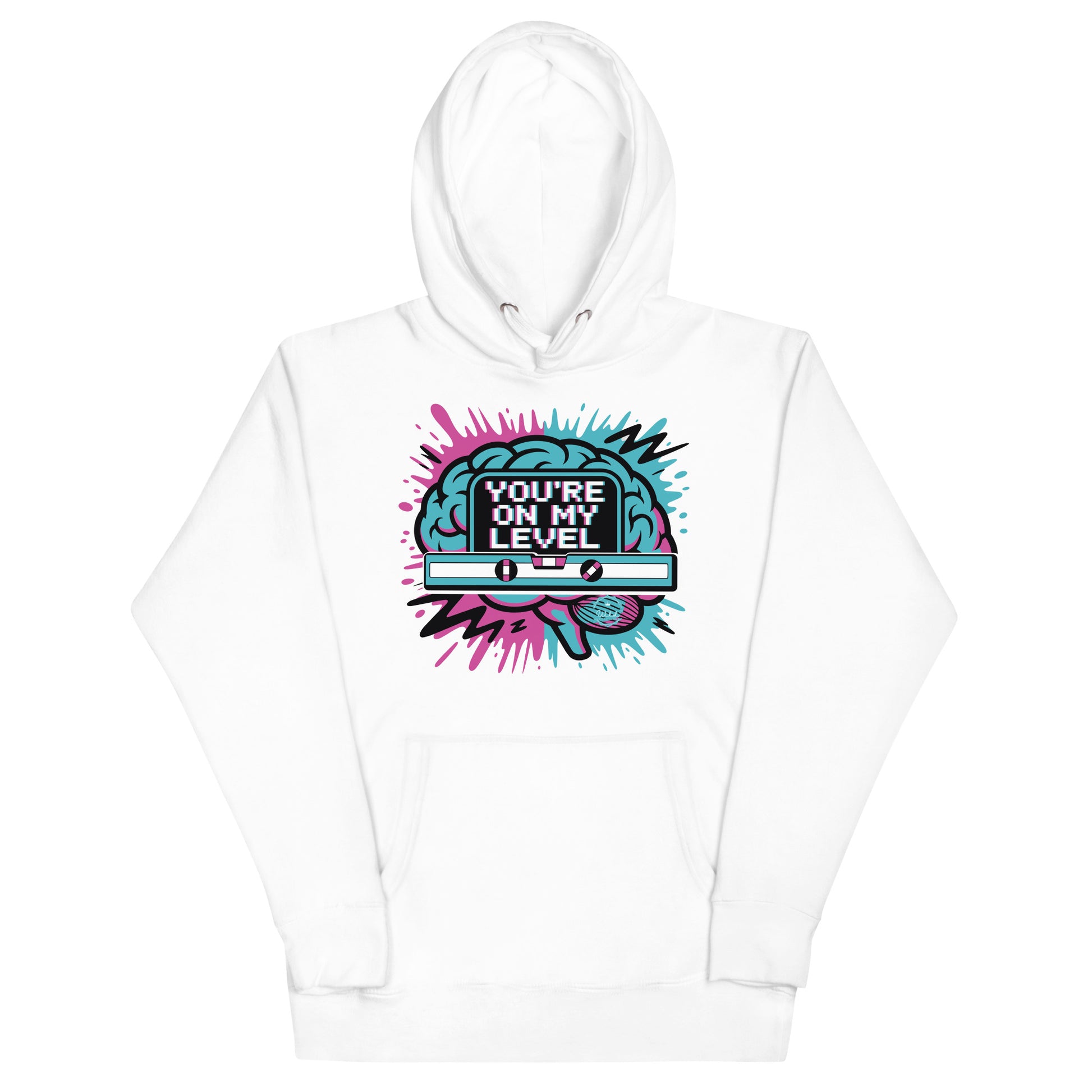 Bluecollaz you're on my level White hoodie with colorful graphic design on a white background