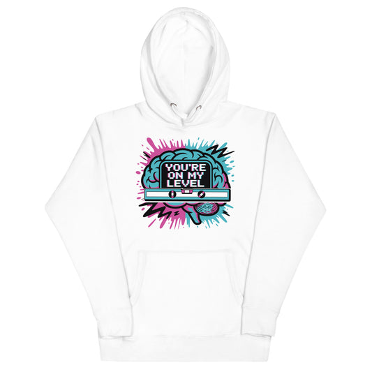 Bluecollaz you're on my level White hoodie with colorful graphic design on a white background