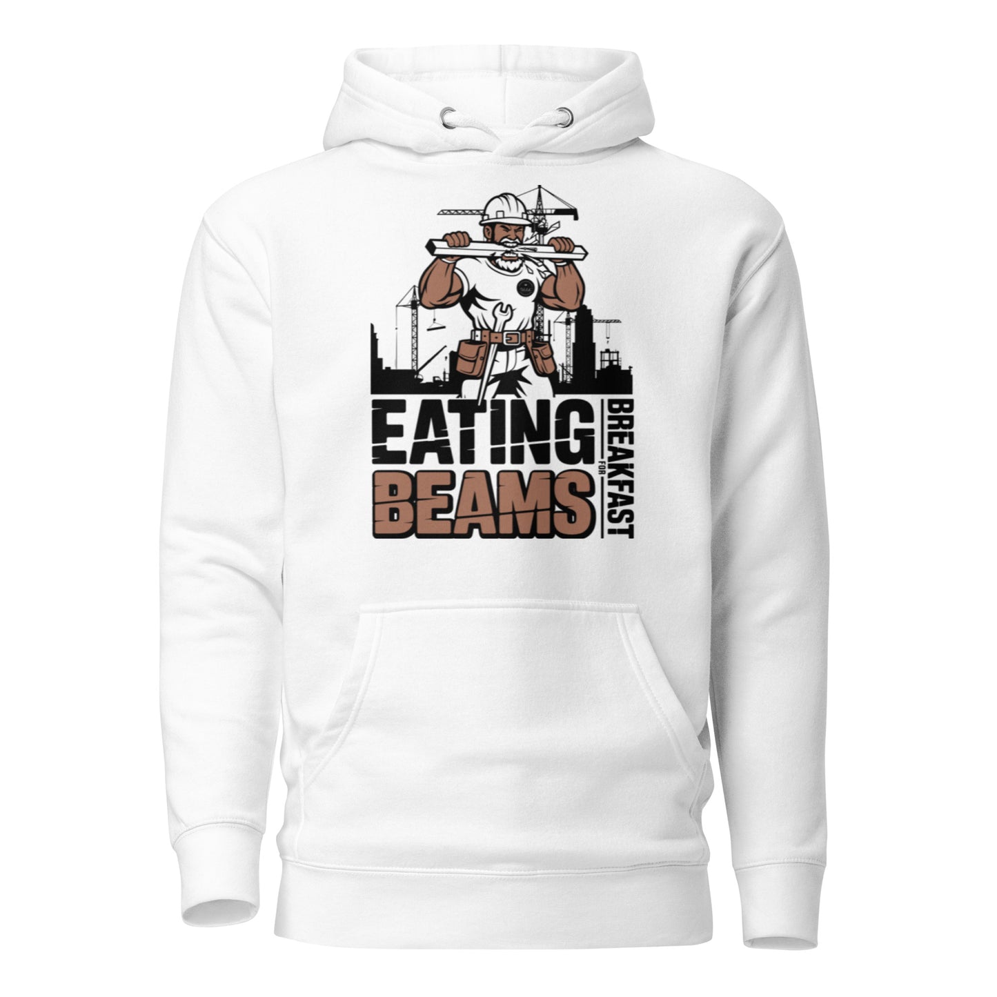 Bluecollaz White hoodie with graphic design and text 'Eating Breakfast Beans' on a white background