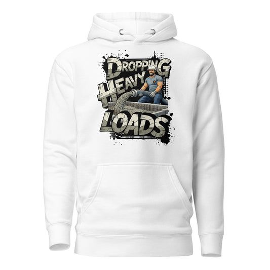 Bluecollaz White hoodie with graphic design and text 'Dropping Heavy Loads' on a white background