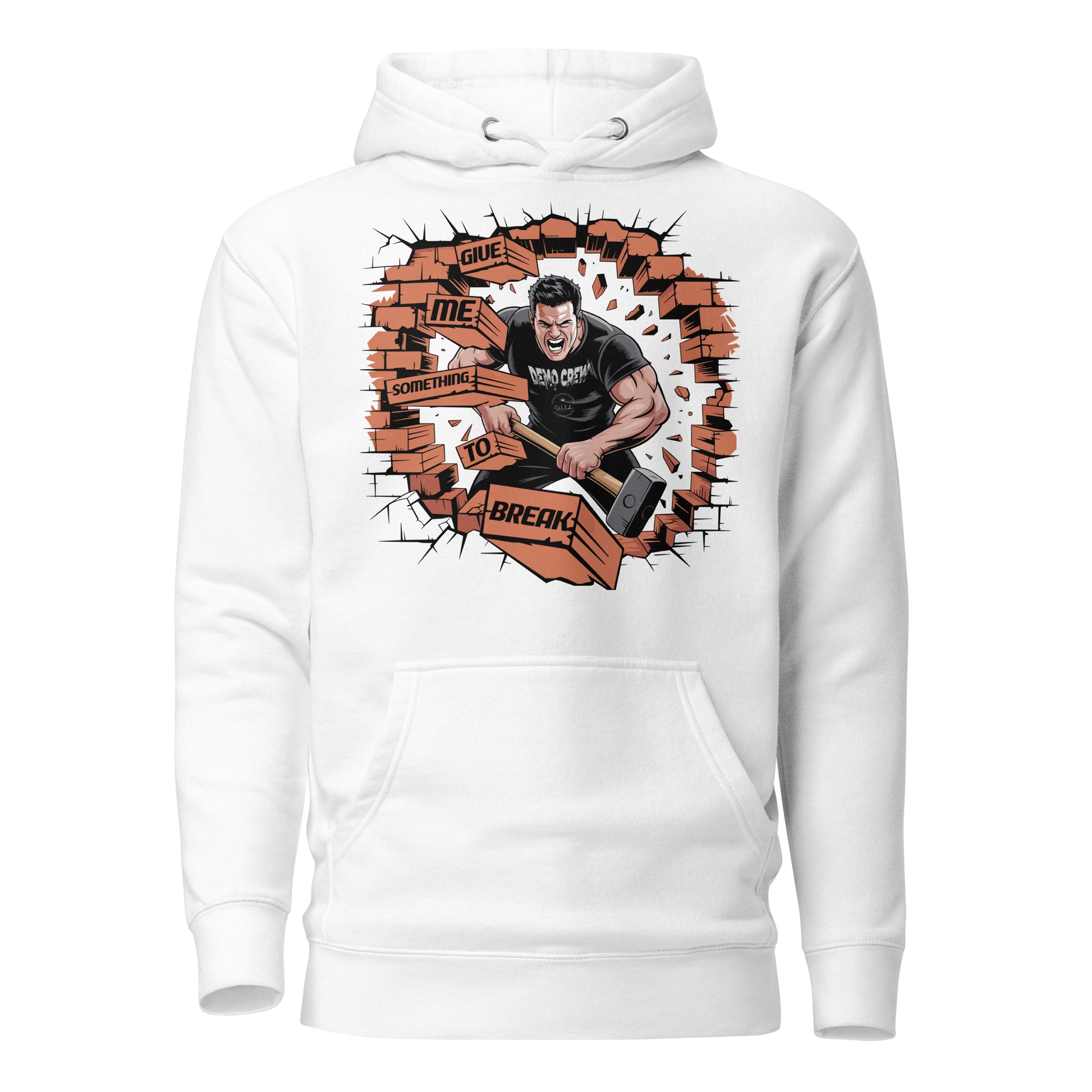Bluecollaz White hoodie with graphic design of a man breaking through bricks on a white background