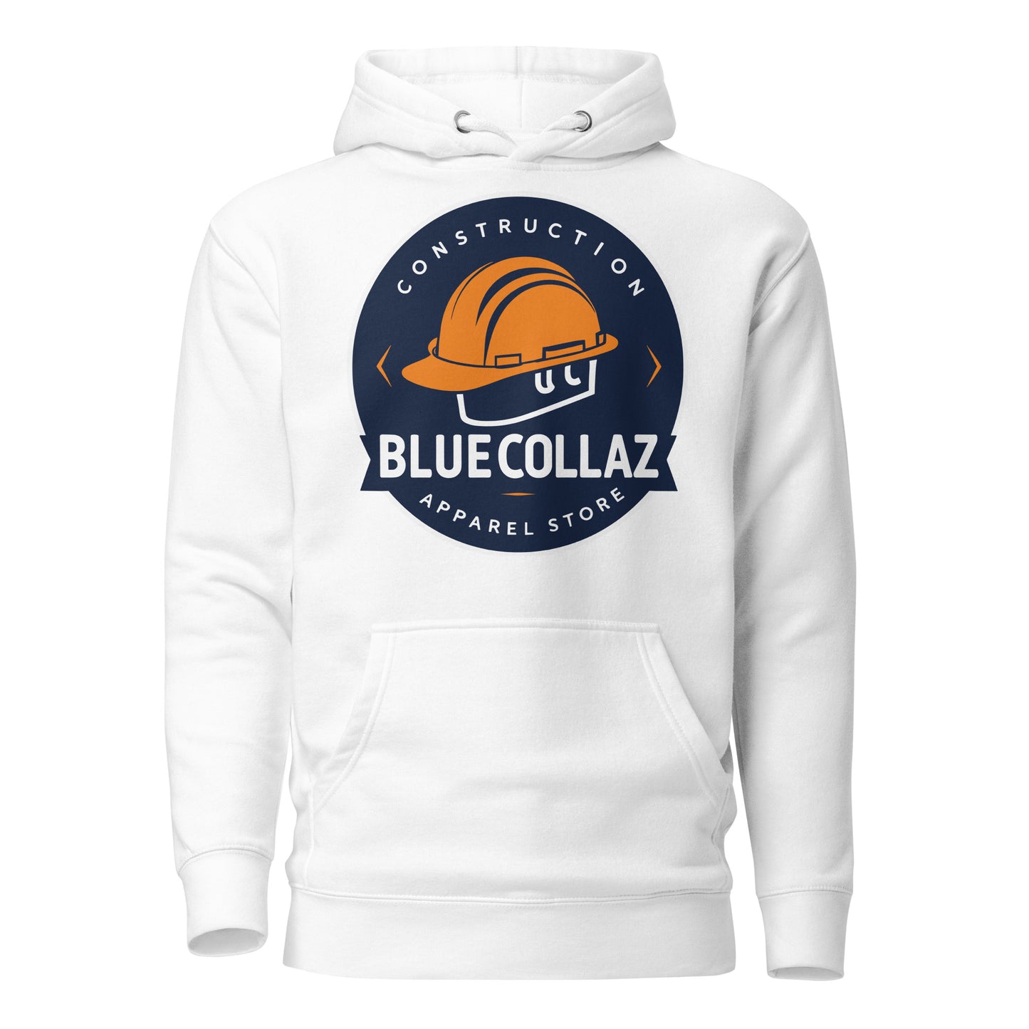 White hoodie with Blue Collaz logo on a white background