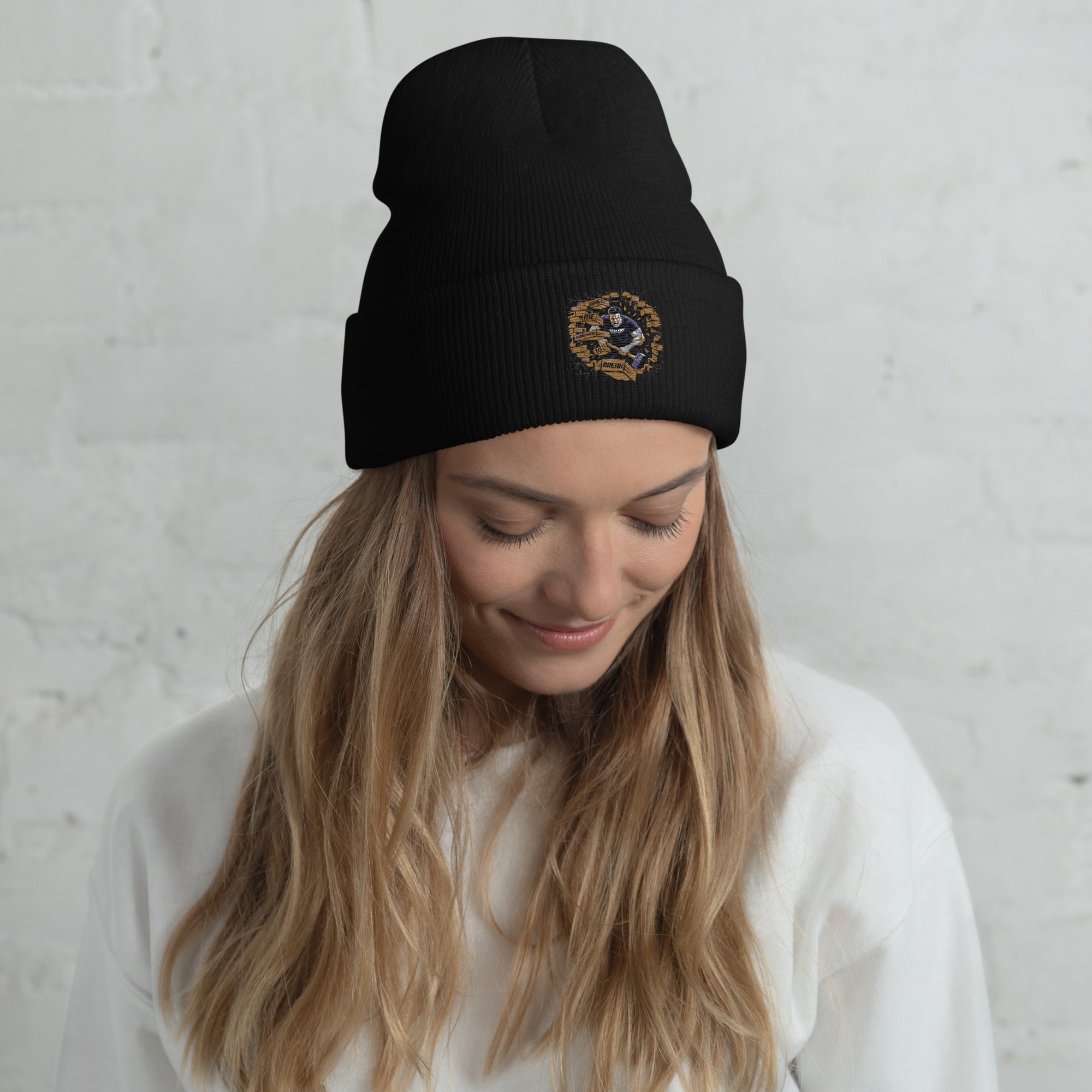 Model wearing Bluecollaz Beanie – blue collar workwear beanie