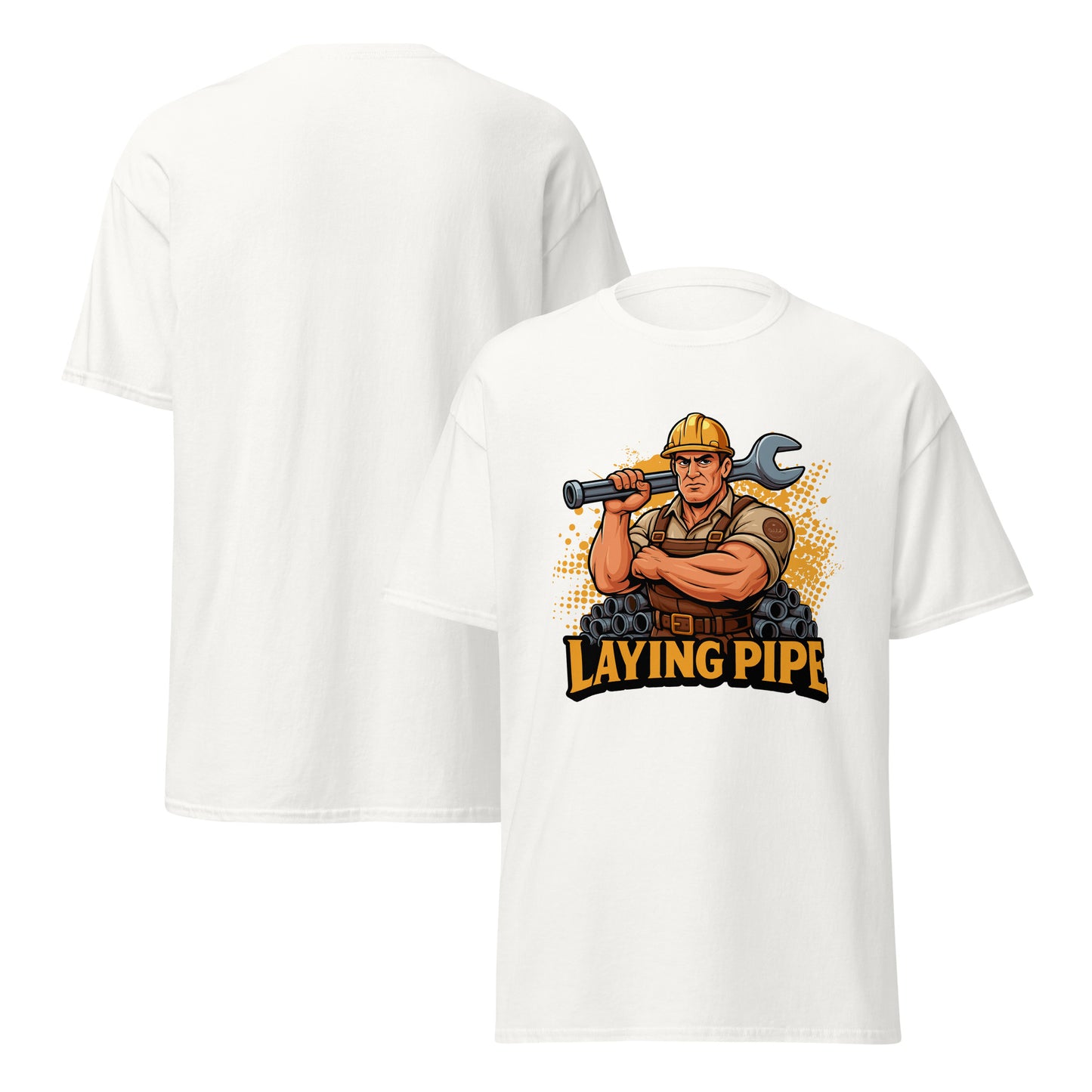 Bluecollaz White t-shirt with a graphic of a construction worker and 'Laying Pipe' text on a white background