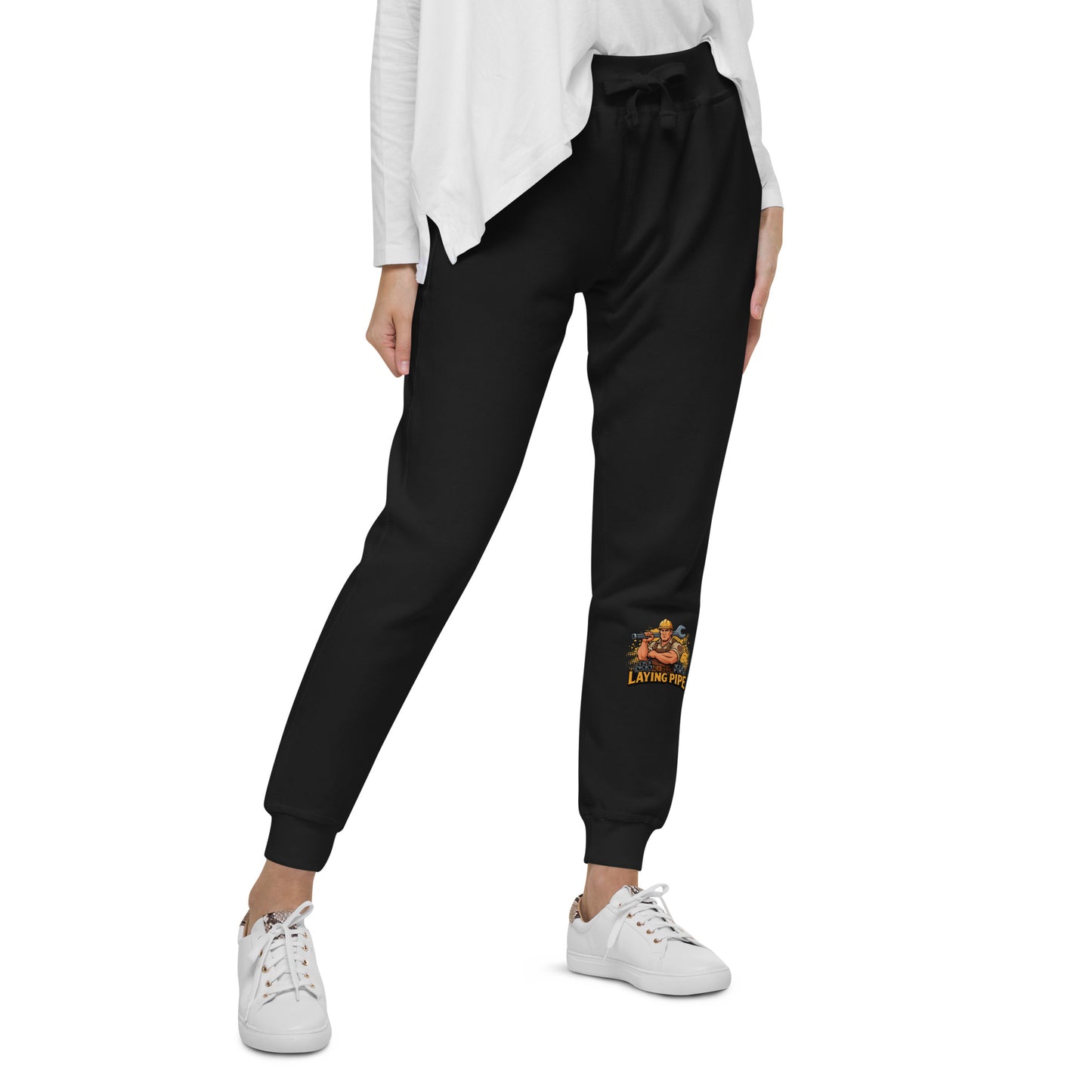 Black jogger pants with a logo on a white background