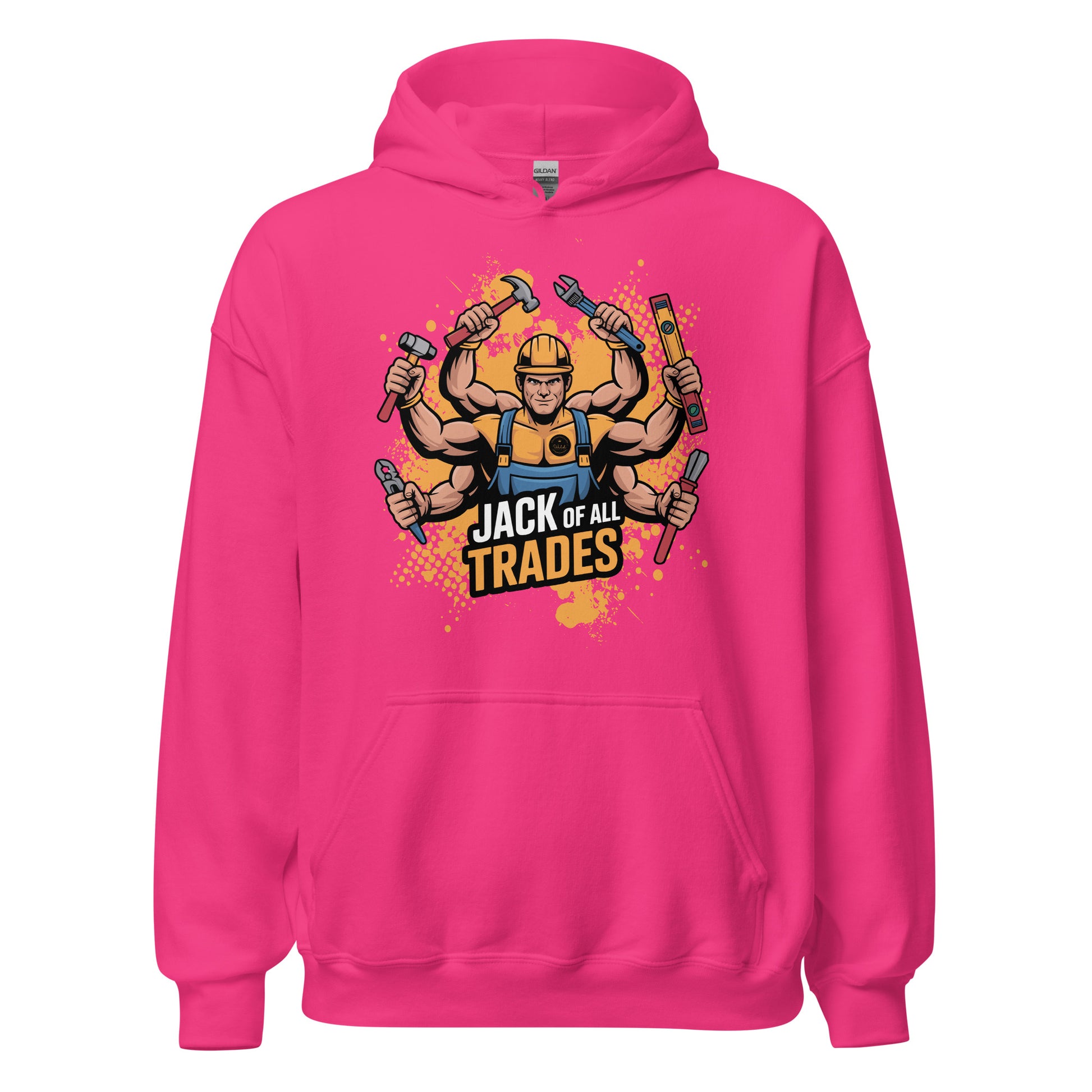 Pink hoodie with a graphic of a multi-armed worker holding tools and 'Jack of All Trades' text on a white background.