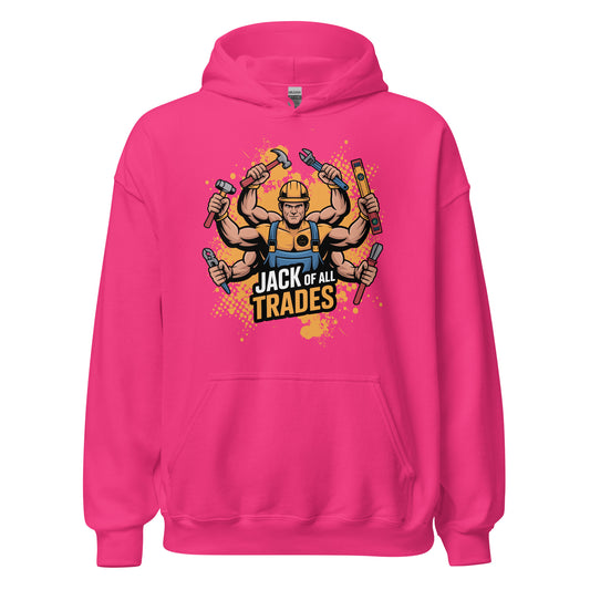 Pink hoodie with a graphic of a multi-armed worker holding tools and 'Jack of All Trades' text on a white background.